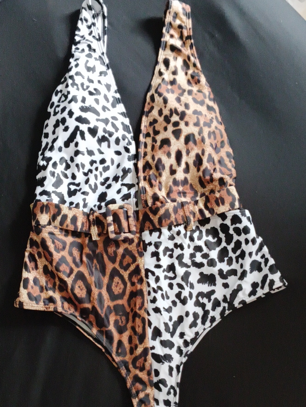 Belted Leopard Print One-Piece Swimsuit - Colorblock S NEW